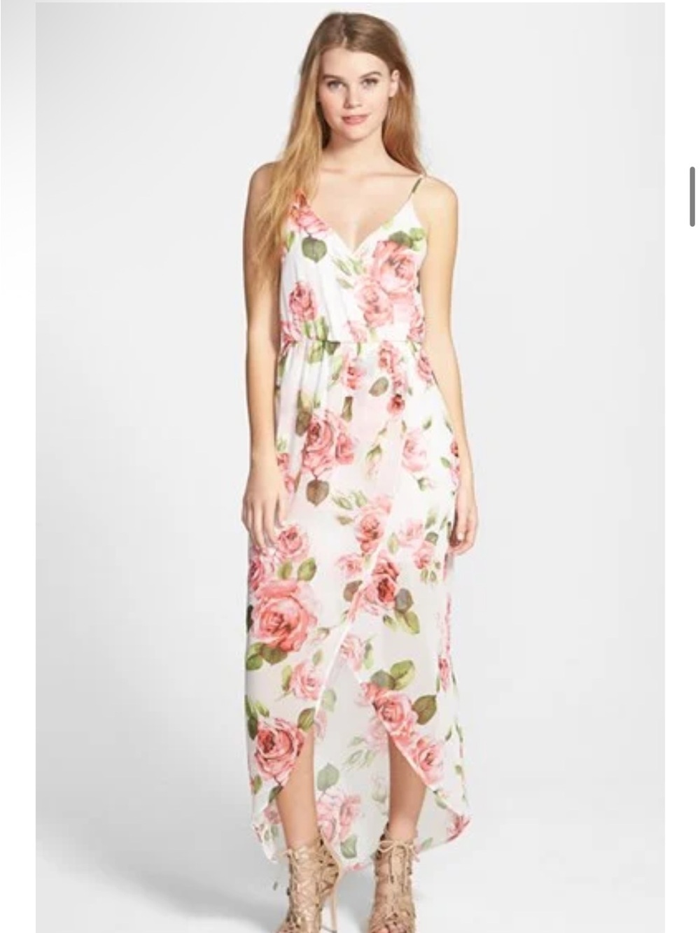 Lush White Floral Pink Rose Maxi Dress